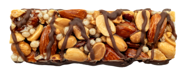 Bar with peanuts, hazelnuts, caramel and chocolate on a white background. View from above. Nut bar isolate. Sugar