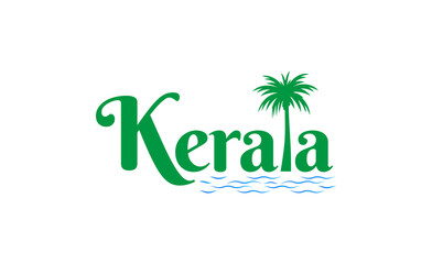 Kerala logo design with palm tree and water wave illustration. Perfect for tourism, travel, tropical branding, and eco-friendly identity.