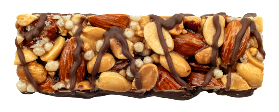 Bar with peanuts, hazelnuts, caramel and chocolate on a white background. View from above. Nut bar isolate. Sugar