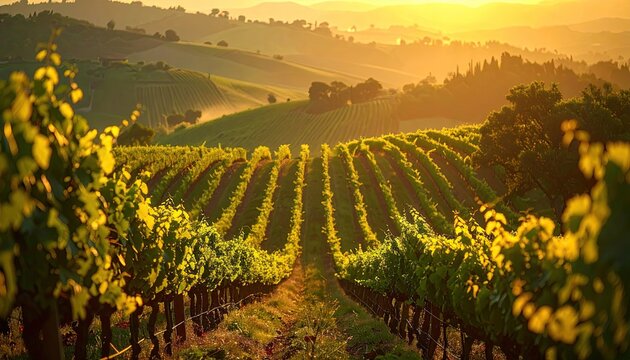 Golden Sunset Over Rolling Vineyard Hills Detailed Landscape