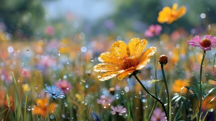 Sunlit wildflower field after rain with water droplets, fresh floral photography, vibrant nature renewal concept, dewy blossom close-up, sparkling meadow landscape

