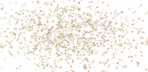 Beautiful image of gold and rose gold confetti falling on white background. Perfect for celebrations, parties, and festive designs.