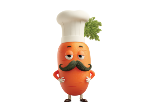 Cartoon chef carrot sticker character  with mustache and white hat isolated on transparent White background png - Powered by Adobe