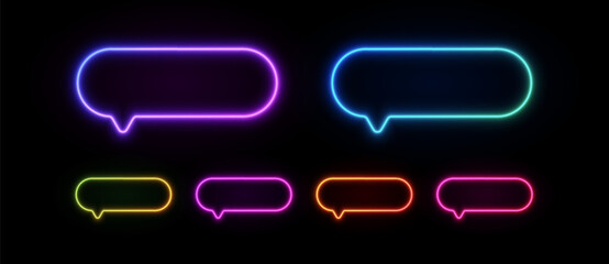Neon light speech bubble. Talk sign for text message. Glowing led chat icon. Vector laser dialog set.
