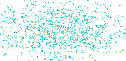 Beautiful teal and gold confetti falling on white background. Perfect for party invitations, celebrations, and festive designs.