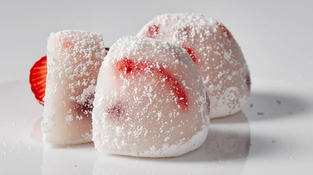 Strawberry Daifuku Delight: Three delicate strawberry daifuku mochi, adorned with powdered sugar, await in the heart of a captivating food setting, radiating simplicity and beauty.