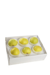 Fresh Dangshan Pears in Gift Box Display on White Background Stock Photo