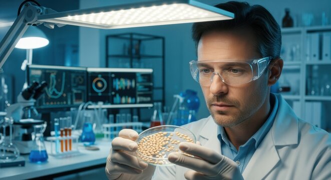 Medium shot of agricultural scientist examining engineered droughtresistant seeds in a lab showcasing advanced genetic research for resilient grain development.