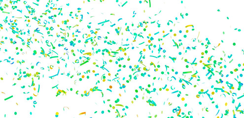 Bright teal, green, and yellow confetti falling on a white background. Perfect for celebrations and festive designs.