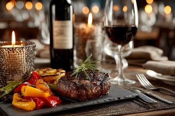 Steak dinner with red wine
