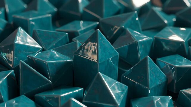 Abstract Heap of Blue Geometric Shapes with Shiny Surface Texture Close Up