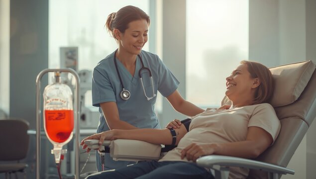 Compassionate nurse assists blood donor in bright sunlit medical donation facility