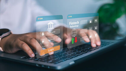 Man logging into secure digital banking platform, fintech and online finance security concept