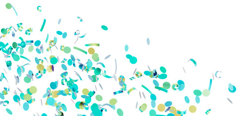 Festive teal and gold confetti falling on white background. Perfect for party invitations, celebrations, and festive designs.
