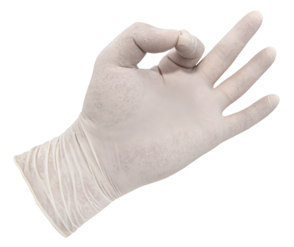 Hand in white medical rubber gloves on a white background. Thumbs up. Latex gloves isolate