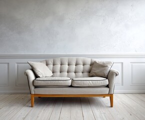 A light beige sofa with dark trim sits in a room with a textured light gray wall and wooden floor.