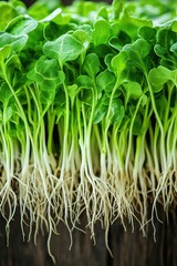 Fresh green sprouts growing. Young plants cultivation concept. Farming small seedlings close up. Urban agriculture. Healthy food growing indoors.