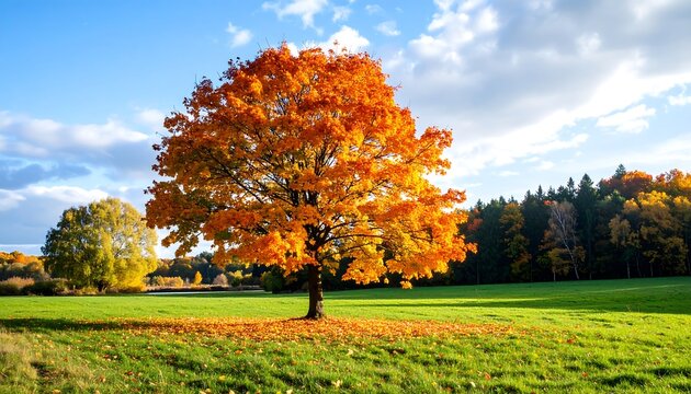 A vibrant autumn scene showcasing a large tree with fiery orange leaves amidst a green meadow and blue sky