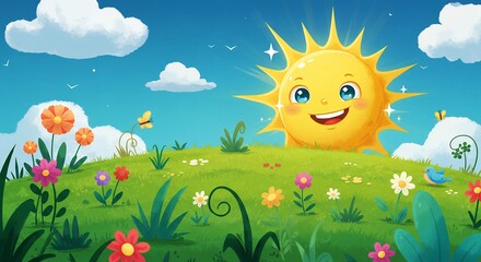 Smiling sun in a colorful meadow