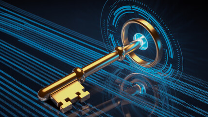 A digital illustration of a glowing digital key against a dark blue background filled with binary code.