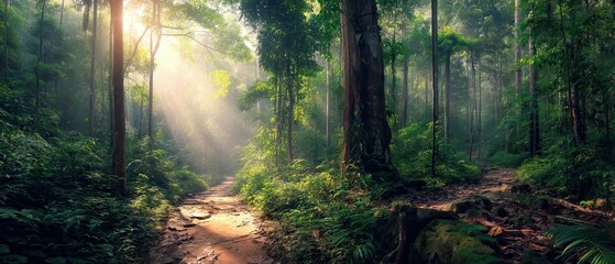 Fototapeta premium Serene Forest Pathway with Sunlight Streaming Through Lush Green Trees