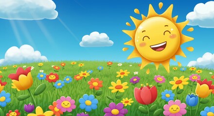 Smiling sun over colorful meadow
