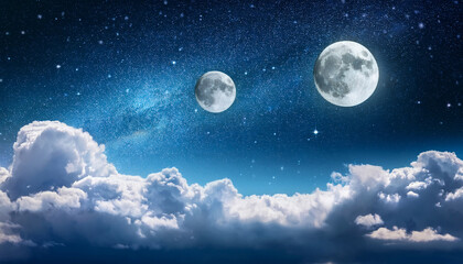Stunning Cosmic Landscape Featuring Large Moon And Smaller Moon Against Starry Night Sky Surrounded By Soft Clouds Scene Evokes Sense Of Wonder And Tranquility