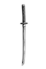 Black and white line art illustration of a katana.