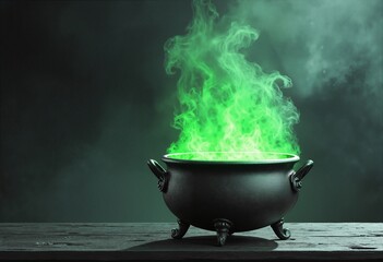 Cauldron with green glowing potion isolated on a dark foggy background
