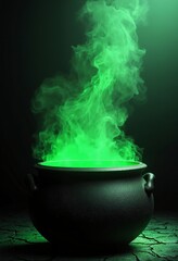 Cauldron with green glowing potion isolated on a dark foggy background