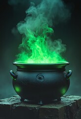 Cauldron with green glowing potion isolated on a dark foggy background