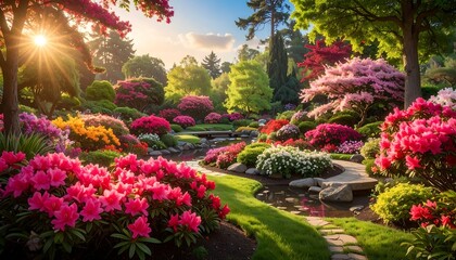 A vibrant garden bursts with colorful flowers and trees, bathed in the warm glow of the morning sun.