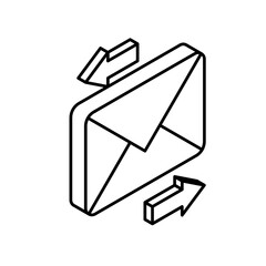 Email communication icon with incoming and outgoing arrows indicating message exchange and data flow in a modern isometric perspective