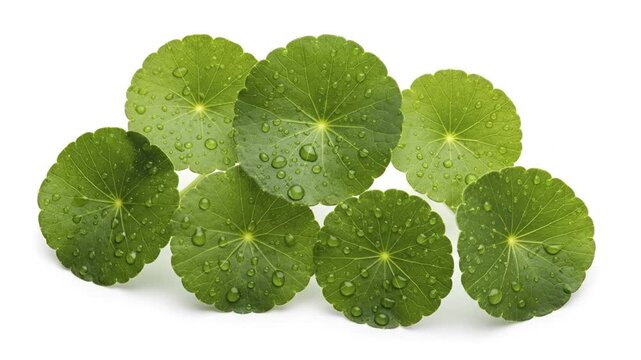 Fresh green leaves with water droplets are arranged on a white background showcasing their round shape and distinct venation