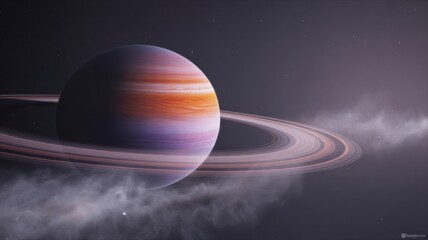 A stunning digital illustration of a ringed planet, resembling saturn, with swirling clouds and distant stars in a dark, cosmic expanse