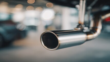 Detailed view of a titanium exhaust tip main object in crisp focus showcasing its sleek finish and lightweight durability against a soft blurred workshop backdrop.