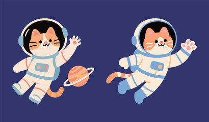 Two cute cartoon cat characters floating in space wearing astronaut suits, a simple and cosmic vector illustration for science or space exploration.