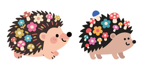 Two cute cartoon hedgehog characters with flowers and mushrooms on their back, a simple and whimsical vector illustration for nature or fantasy. © 张锋