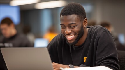 Young black man smiling while using laptop in modern classroom  