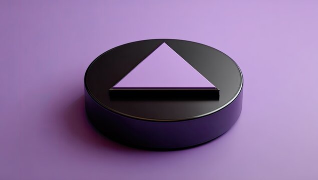 A lavender equilateral triangle sits atop a matte black circular platform against a pale purple backdrop.  The image is rendered in 3D, showcasing smooth surfaces and subtle shadows