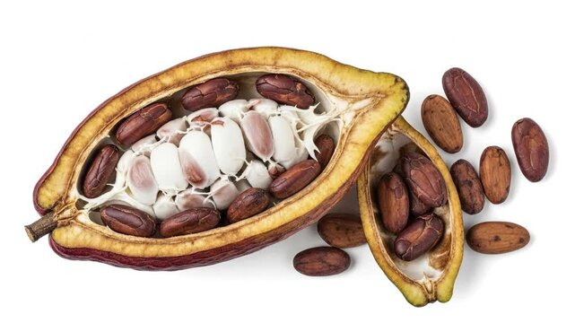 A long reddish-brown pod cut lengthwise displays numerous white pulp-covered beans and dark brown beans A smaller cut pod and loose beans are nearby on a white surface