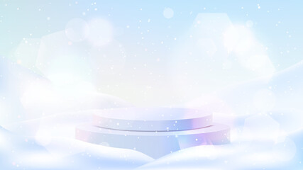 Vector illustration. 3D snowy background. Winter season scene with cylindrical podium stage for product promotion. Empty design template for horizontal banner, advert. Blurred white sky wallpaper