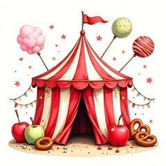 A vibrant circus tent stands proudly, adorned with red and white stripes. Surrounding it are sweet treats like cotton candy, candy apples, and pretzels, creating a joyful fairground ambiance.
