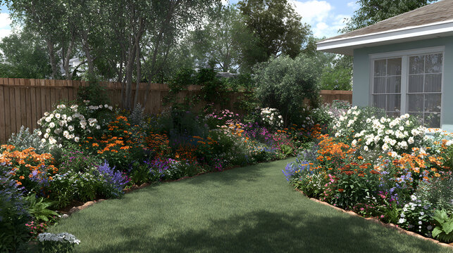 Landscaped backyard with garden and house exterior visible.