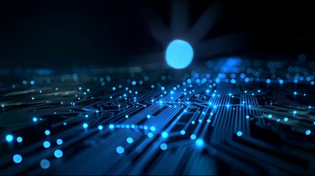 Abstract futuristic circuit lines glowing in blue light on dark digital surface representing high technology, innovation, data flow, connectivity, cyber network, and advanced communication system
