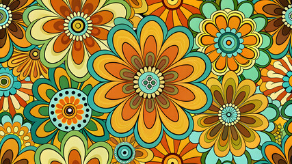 Naklejka premium Vibrant psychedelic floral pattern in orange teal and yellow retro vintage