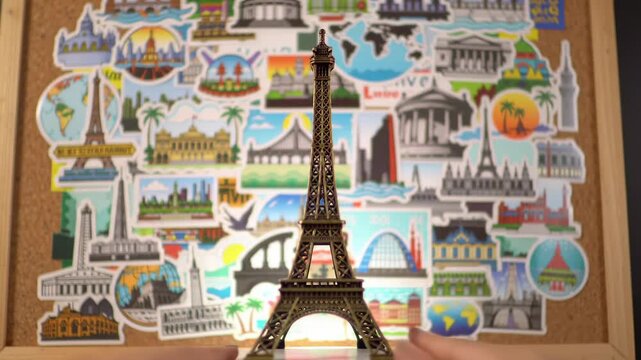 Eiffel Tower miniature on cork board with travel stickers