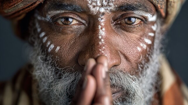 Close-up portrait of a spiritual man in traditional attire with intricate face paint - Powered by Adobe
