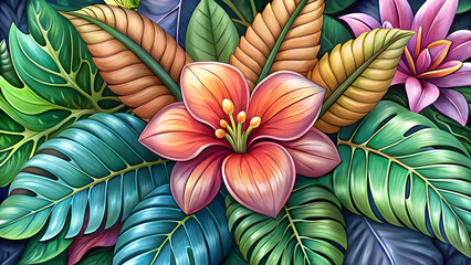 Fototapeta premium Vibrant tropical flora with exotic blossoms tropical foliage exotic flowers