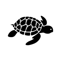 Stylized black silhouette of a sea turtle swimming gracefully with detailed shell pattern against a white background, evoking ocean life and nature